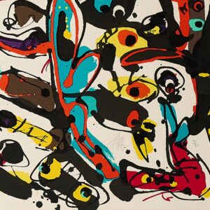 Un detalle de la litografía con zincografía de Antonio Saura, con sus típicos personajes de cuerpo entero, plenos de color y ocupando todo el espacio, que da sentido al título En el centro (de la multitud), dans le milieu, de 1984