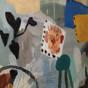 De una paleta de pintor salen tres brazos hacia el retrato que acaba de pintar; a su lado, un taburete, donde quizá se haya sentado el pintor o la persona retratada. Con colores que tienden al gris, se perciben blancos, negros, verdes y marrones, fundamentalmente