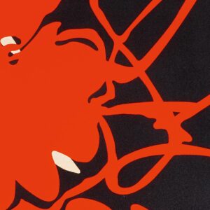 Detalle del grabado de Donald Sultan, con las líneas rojas formando una flor casi abstracta sobre el fondo negro y tos toques de blanco