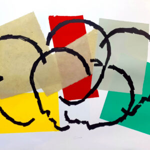 Sobre un fondo claro con manchas de colores y distintos papeles de collage, cinco cabezas de personajes se agrupan, en torno a Cibeles, título de la serigrafía con collage de Rafael Canogar, de 2025