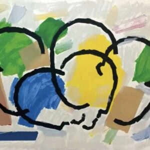 Sobre un fondo claro con manchas de colores, unas cabezas de personas se agrupan en el centro, como dando a entender la aglomeración que se produce en las ciudades. Se trata del último grabado de Rafael Canogar, titulado Urbana, de 2025