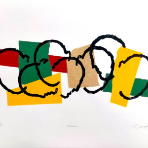 Sobre un fondo claro con collage de colores se agrupan siete cabezas, sencilla alegoría de Rafael Canogar en esta serigrafía con collage titulada Urbana 2, de 2025