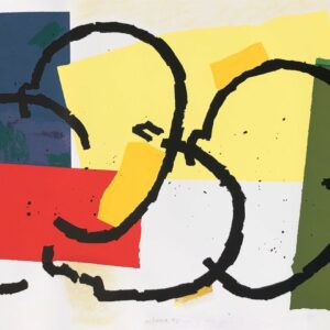 Sobre un fondo claro con manchas de colores, cuatro cabezas de personajes se agrupan, dando a entender la aglomeración que se produce en las ciudades. Se trata de una serigrafía con collage de Rafael Canogar, titulado Urbana 95, realizado en 2021